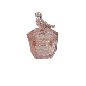 Vintage Pink Glass Trinket Box Figural Bird Topper Woven Pattern Throughout 4"